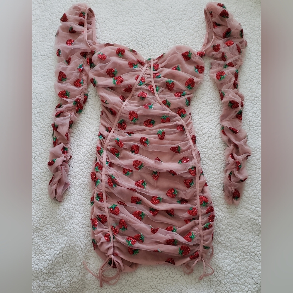 Lirika Matoshi Nude Pink Strawberry Ruched Mini Dress
